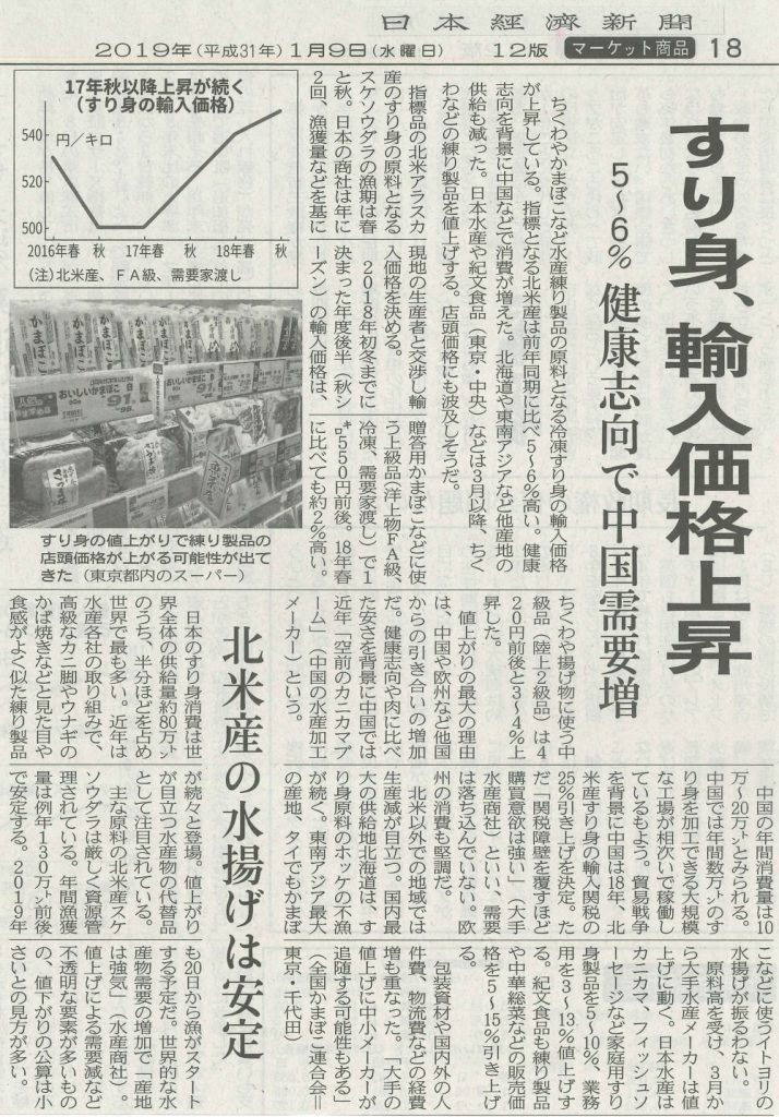 日本経済新聞に蒲鉾業界の原料事情が掲載されました！