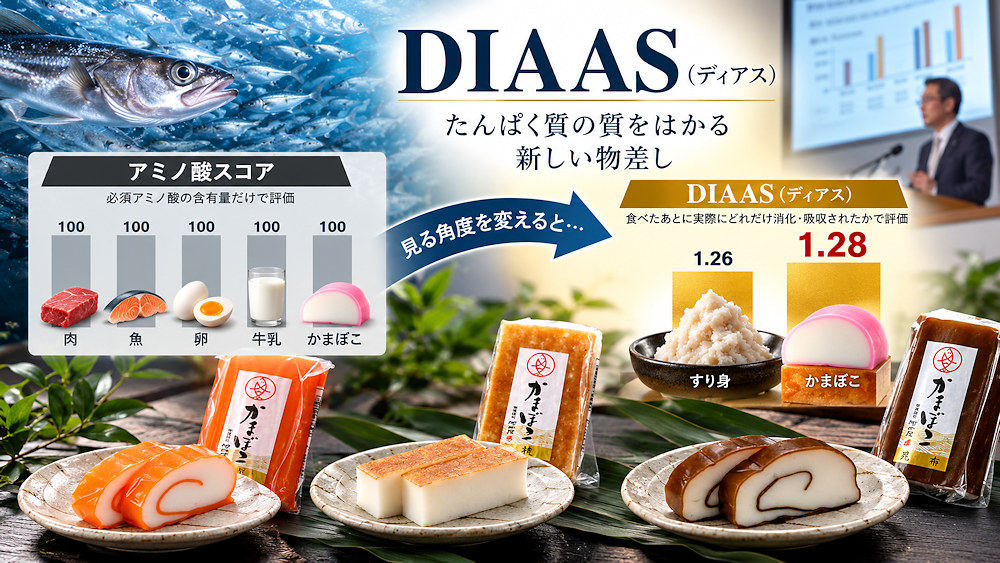 DIAASでかまぼこは1.28と、牛乳・卵・鶏むね肉と並ぶトップクラスのたんぱく質